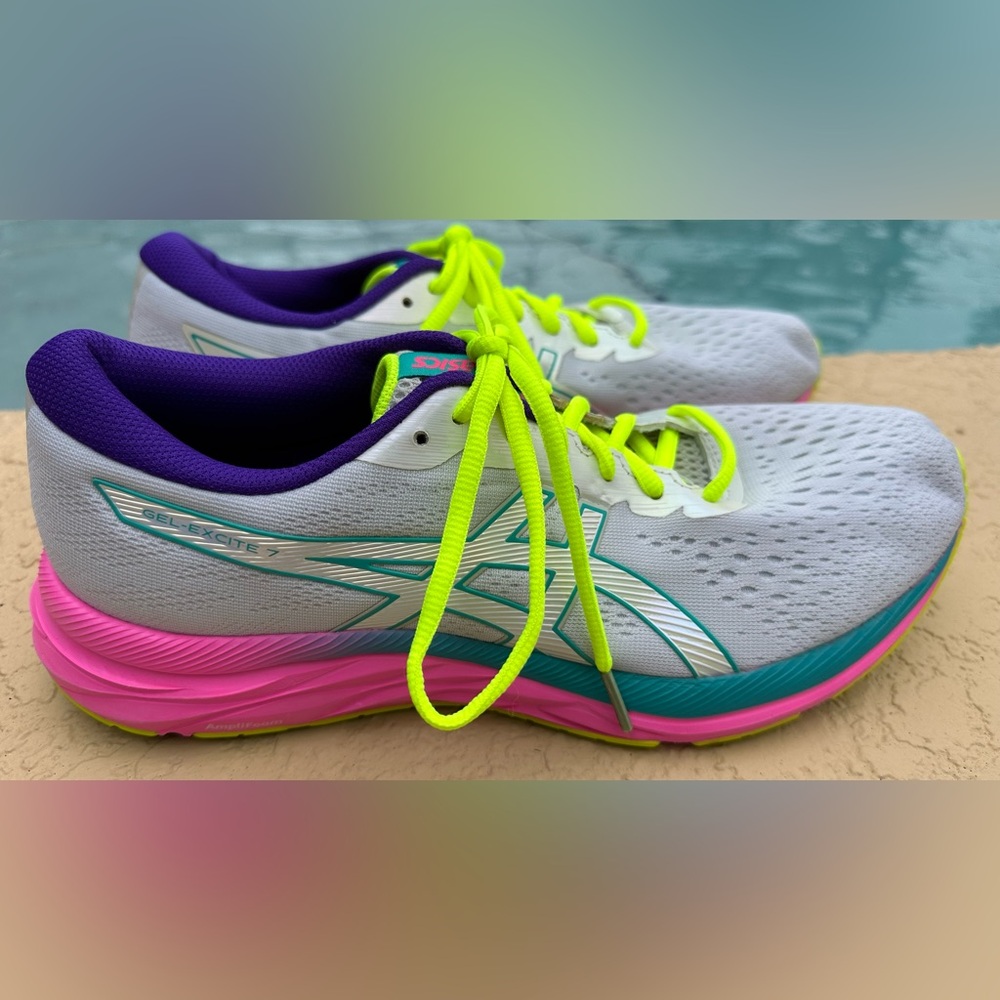 Asics Gel Excite 7 Polar Shade White Pink Neon Running Shoes Women’s Size 11 VGC - Picture 2 of 16